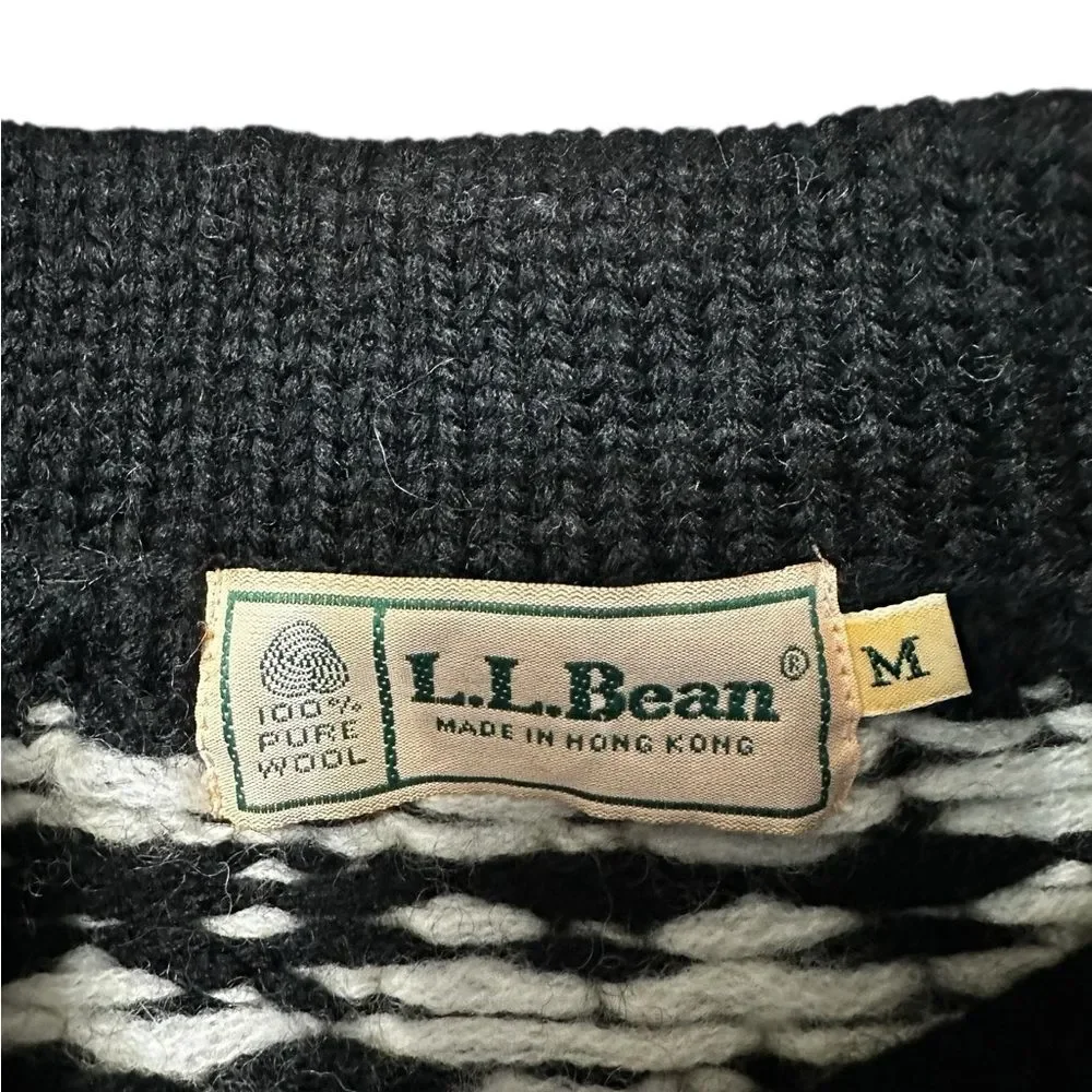 RARE VTG L.L. Bean 100% Wool Nordic Button Neck Sweater Hong Kong M Black White